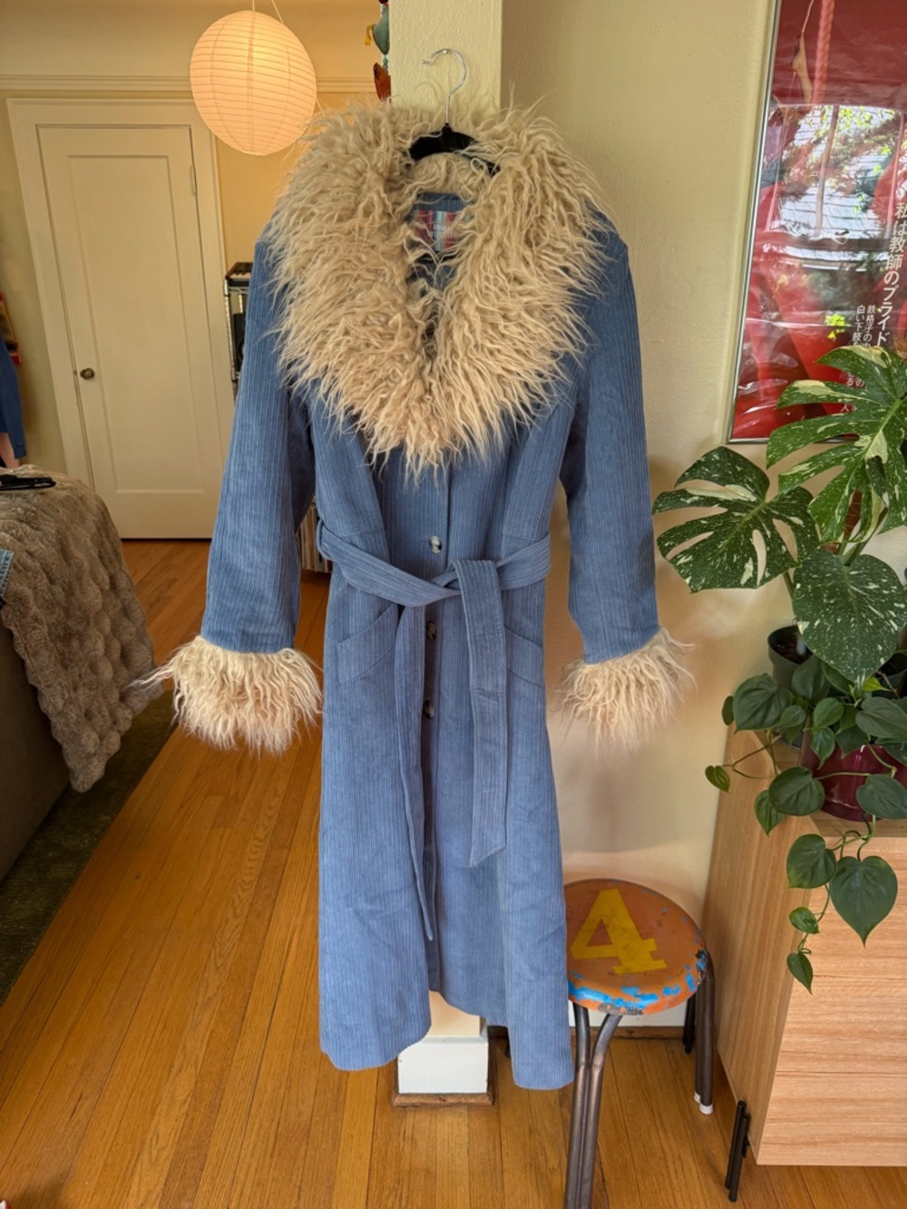 Blue Corduroy Furry Collar Urban Outfitters Penny Lane Coat